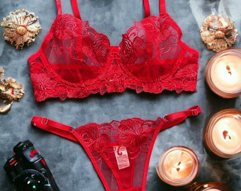 Exotic Red Lingerie Set Sensual Floral Fantasy with Embroidery, Ultra-Thin Mold Cup, and Adjustable Straps for Intimate Elegance.