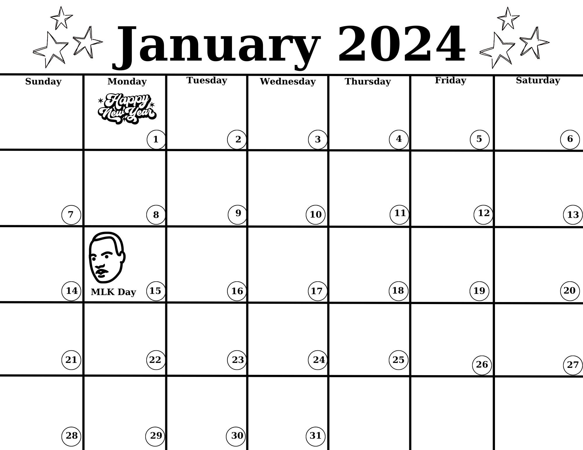Outline Black and White 2024 Calendar Etsy