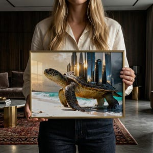 Kolossal sköldpadda med gigantiska futuristiska skyskrapor på skal - Modern fantasy väggkonst