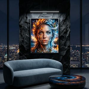 Vier elementen godin portret: vuur aarde water lucht mystieke harmonie muurkunst (digitale download)