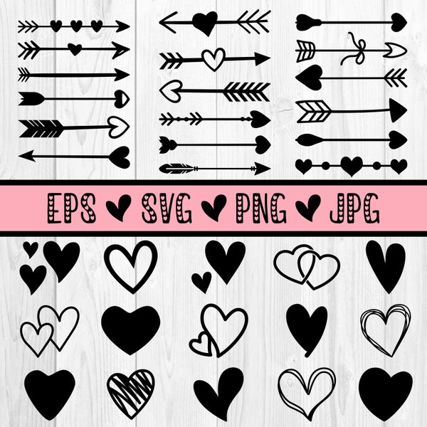 Valentine Arrow Heart Svg Bundle, Hand Drawn Heart Arrow svg,  Heart Clipart, Valentines Svg, Love Svg, Cut Files Cricut Silhouette element