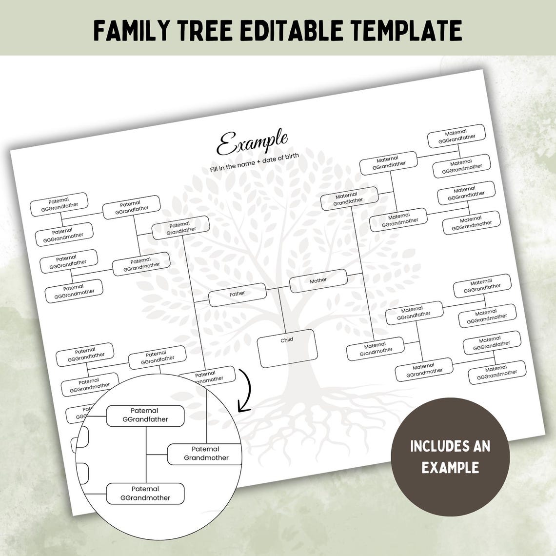 Editable Family Tree Chart: 5 Generation Genealogy (digital Download ...