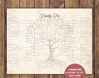 Editable Family Tree Chart: 5 Generation Genealogy (Digital Download)