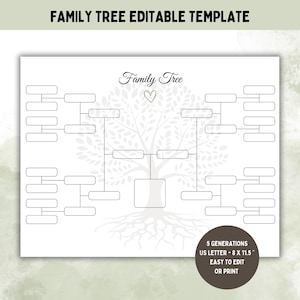 May include: Printable family tree template with a stylized tree design. The template has spaces for five generations and is sized for US letter paper (8.5 x 11.5 inches).