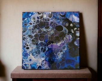 Acrylic painting, Resin finish, abstract, resin art, wall decor, blue silver drops, ice, glass looking