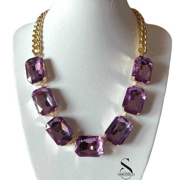 Long Chain Necklace with Purple Stones for Women Made in Italy gold color adjustable handmade jewel