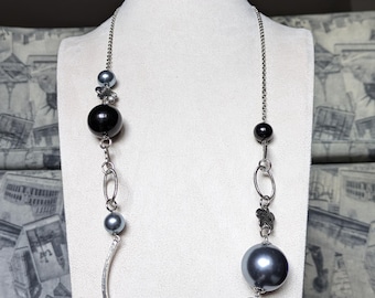 Lange ketting voor dames met ketting en zwarte en zilveren parels in roestvrij staal, handgemaakt, elegant voor de avond
