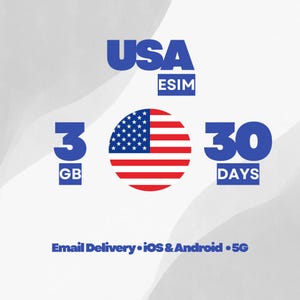 Puede incluir: Gráfico azul con texto "USA eSIM", "3 GB" y "30 DÍAS". La imagen presenta una bandera estadounidense circular. También incluye el texto "Email Delivery • iOS & Android • 5G".