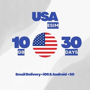 May include: A graphic with the text "USA eSIM" in blue, along with "10 GB" and "30 DAYS". The image features a circular American flag and the words "Email Delivery • iOS & Android • 5G".