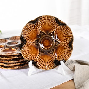 Vintage Sarreguemines Oyster Plate – French Majolica Brown Dish from 1960s – Rustic Kitchen Decor, French Collectible, Farmhouse Tableware