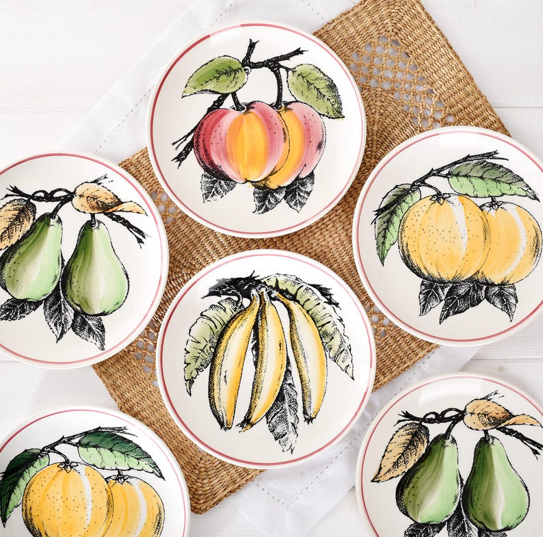 Vintage Gien France Fruit Plate- French Faience Wall Plate- Majolica Style- Ceramic Pear Banana Peach Dish- Country Kitchen Decor