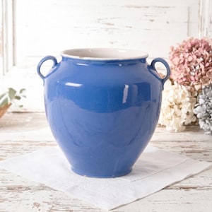 Antique French Cobalt Blue Confit Pot - Glazed Ceramic Jar - Country Kitchen Decor 19th Century