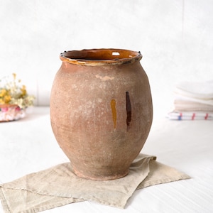 Large Antique French Confit Pot- Glazed Terracotta Rustic Farmhouse Jar-Vintage Country Kitchen Decor- Wabi Sabi Vase Primitive Urn Folk Art