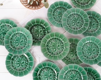 Antique Sarreguemines Green Majolica Plate- French Vine & Grape Leaf Relief- Emerald Dessert Cheese Plate- 19th C. French Country Decor-7.5"