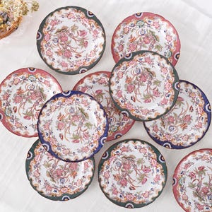 Antique Sarreguemines Minton Plates Set 3 or 4, 7" French Dessert Plates, Ironstone Chinoiserie Colorful Dinnerware, Mix Match China