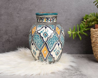 Old handmade Moroccan vase. Large ceramic and metal vase, decorative, colorful. Original gift idea, home decoration, unique piece.