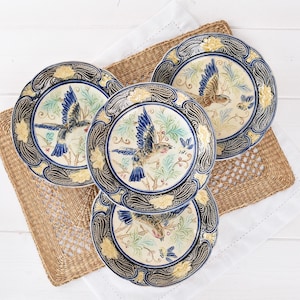 Antique French Faience Bird Plate - Late 19th Century Majolica Style - Hand-Painted Blue & White Cottagecore Decor - Possible Wasmuel