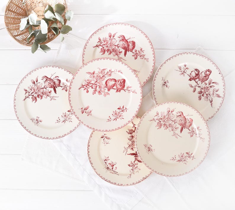 Antique Sarreguemines “Favori” Terre de Fer Plate 9” , French Country Red Transferware Birds Dinner Plate, Ironstone Wall or Table Decor.