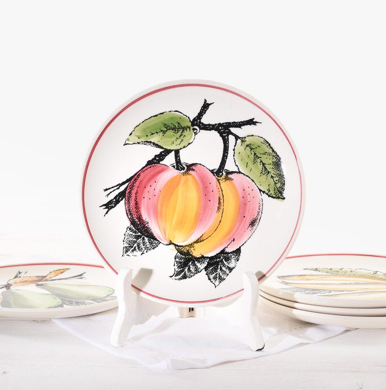 Vintage Gien France Fruit Plate- French Faience Wall Plate- Majolica Style- Ceramic Pear Banana Peach Dish- Country Kitchen Decor