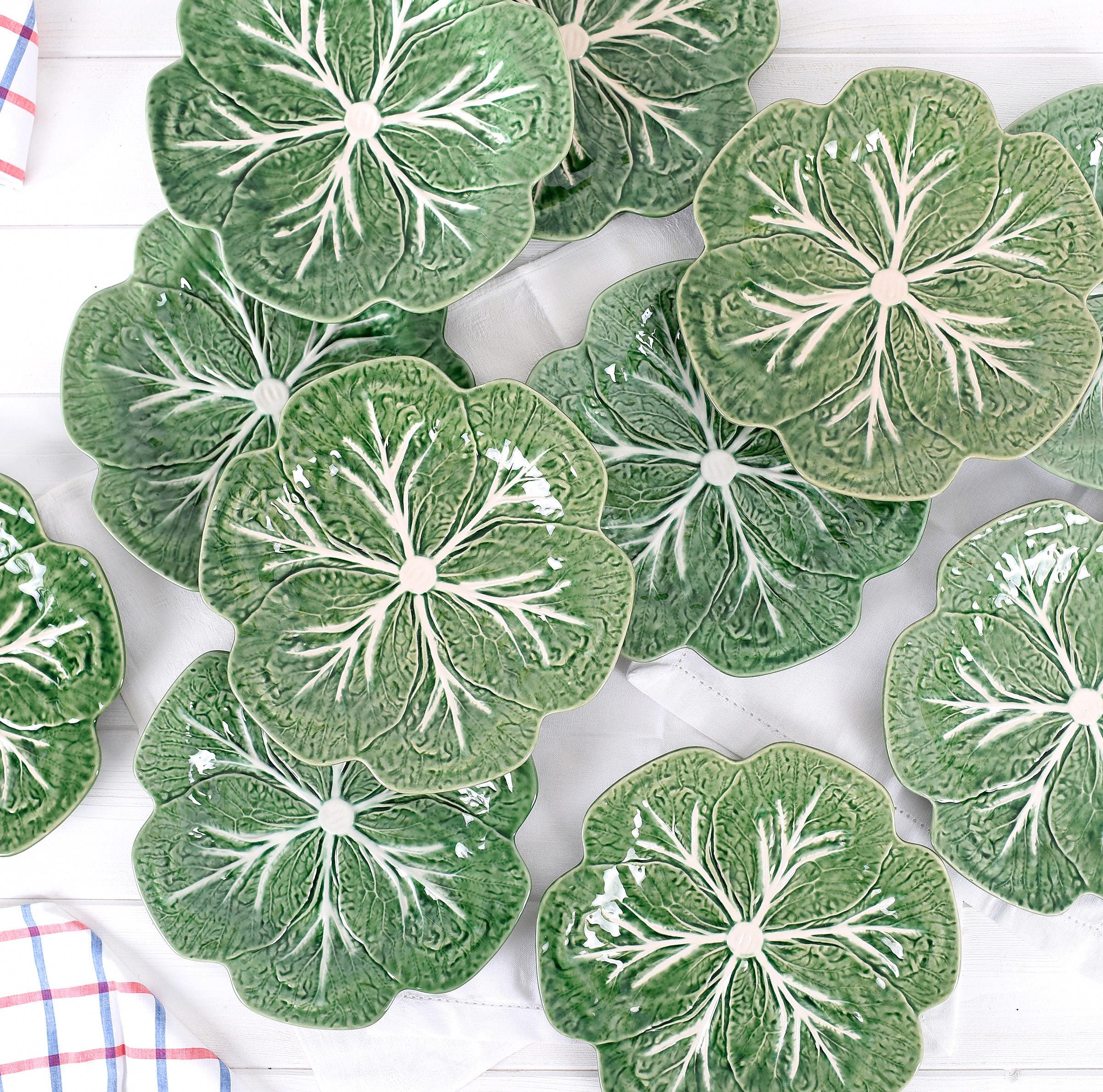 Vintage Bordallo Pinheiro Cabbage Plate- Large Green Majolica Leaf Plate- Portuguese Ceramic Farmhouse Kitchen Decor- Barbotine Cabbage ware