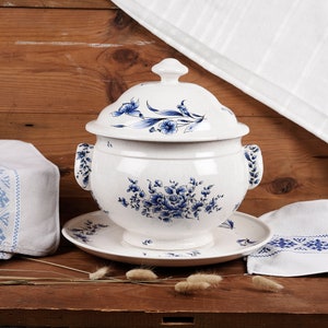Antique 19th Century French Ceramic Soup Tureen with Lid - Large Soup Tureen With Platter - Ironstone Tureen. Farmhouse Kitchen Decor.