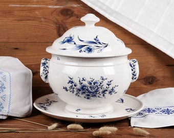 Antique 19th Century French Ceramic Soup Tureen with Lid - Large Soup Tureen With Platter - Ironstone Tureen. Farmhouse Kitchen Decor.