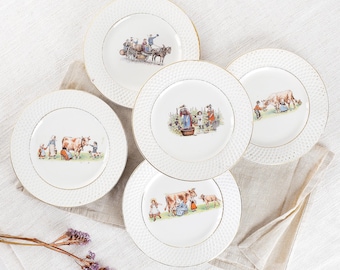 Set of French Antiques Dessert Plate Onnaing - French Country Deco- Vintage Plates- Antique Cake or Cheese Plates - US Customs Fees Covered