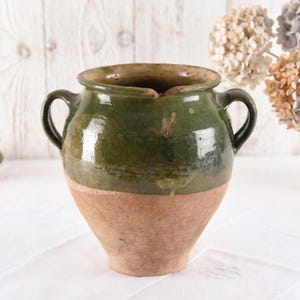 Rare French Antique Green Glazed Confit Pot- Rustic Provencal Farmhouse Kitchen Decor- Large wabi sabi vase- Provence Country Confit Jar