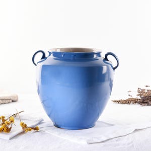 Antique French Blue Confit Pot- Glazed Ceramic Jar with Handles- Rustic Provence Country Kitchen Decor- 19th Century- French Farmhouse Jar