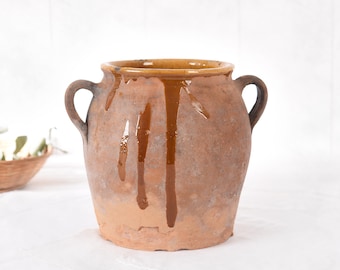 Decoración de antigüedades francesas, olla para confituras, maceta de terracota esmaltada en amarillo ocre, jarrón rústico provenzal Wabi Sabi, tarro para confituras antiguo.