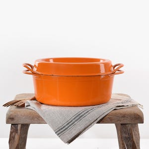 Vintage French Doufeu Dutch Oven Cousances Style- Le Creuset flame Era- Enamel Cast Iron Pot- Rustic French Kitchen- Midcentury Cookware