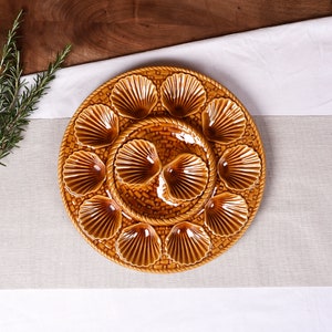 Vintage Longchamp Majolica Oyster Platter – 1970s French Ceramic Large Plate, Golden Brown Scallop Design, Seafood & Oyster Serving Dish
