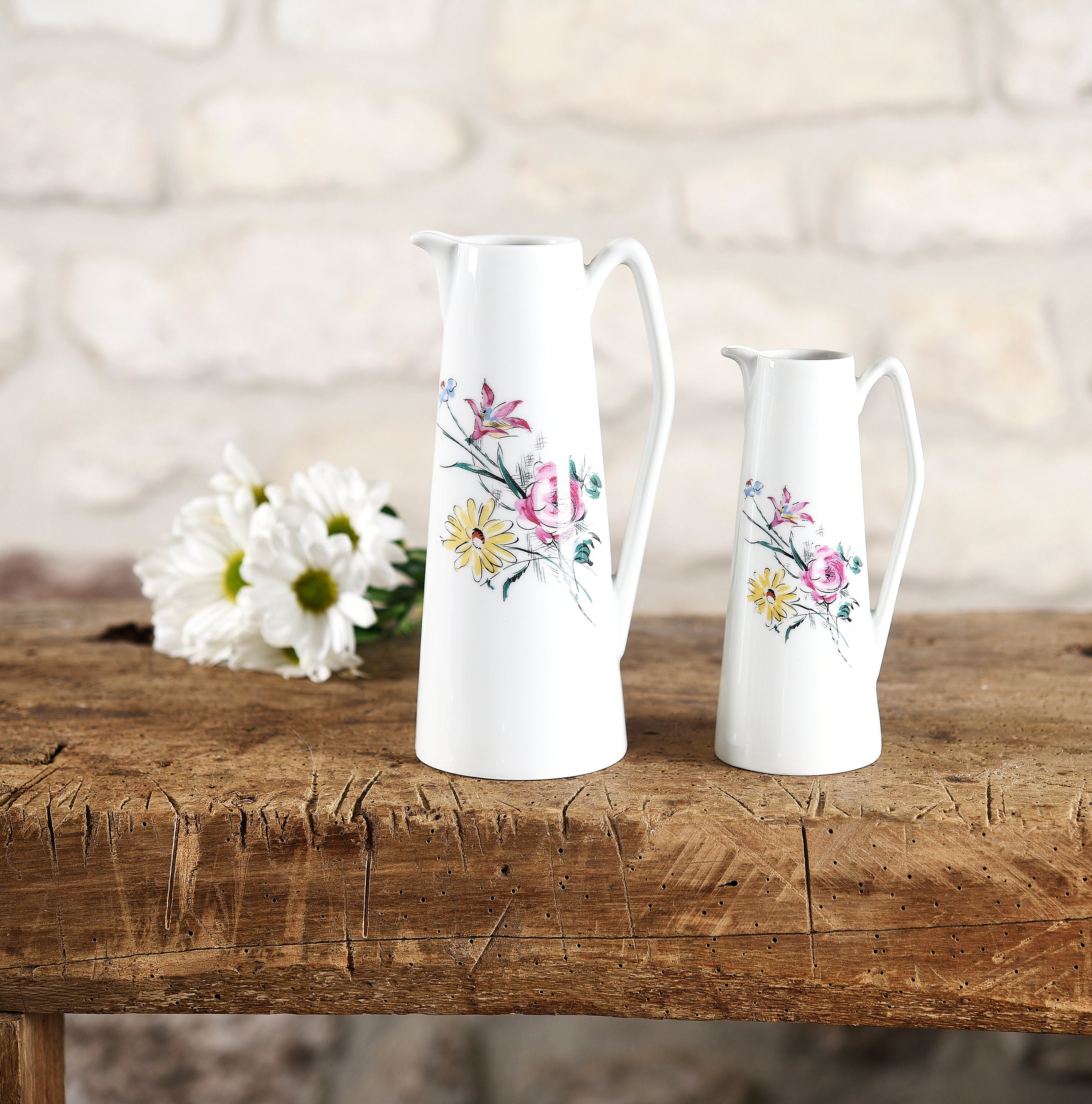 Vintage Limoges Porcelain Pitcher Set | Duo - Mid-Century Modern Floral China Vases Tall Handled Cruets Cottage Core Deco
