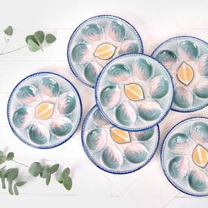 Exceptional Antique St Clement Majolica Oyster Plate- French Vintage Blue Green Seafood Dish- Coastal Kitchen- Collectible Nautical Faience.