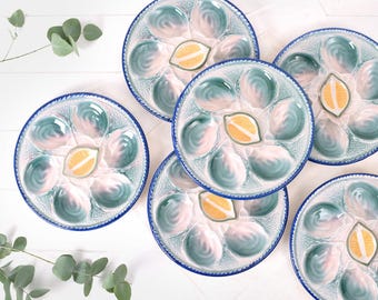 Exceptional Antique St Clement Majolica Oyster Plate- French Vintage Blue Green Seafood Dish- Coastal Kitchen- Collectible Nautical Faience.