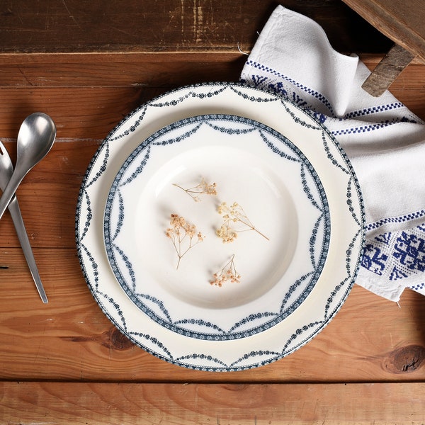 Flat Terre de Fer, Salins. Old tableware, 3 plates with presentation dish, VINCENNES. Table decoration, French ceramics.