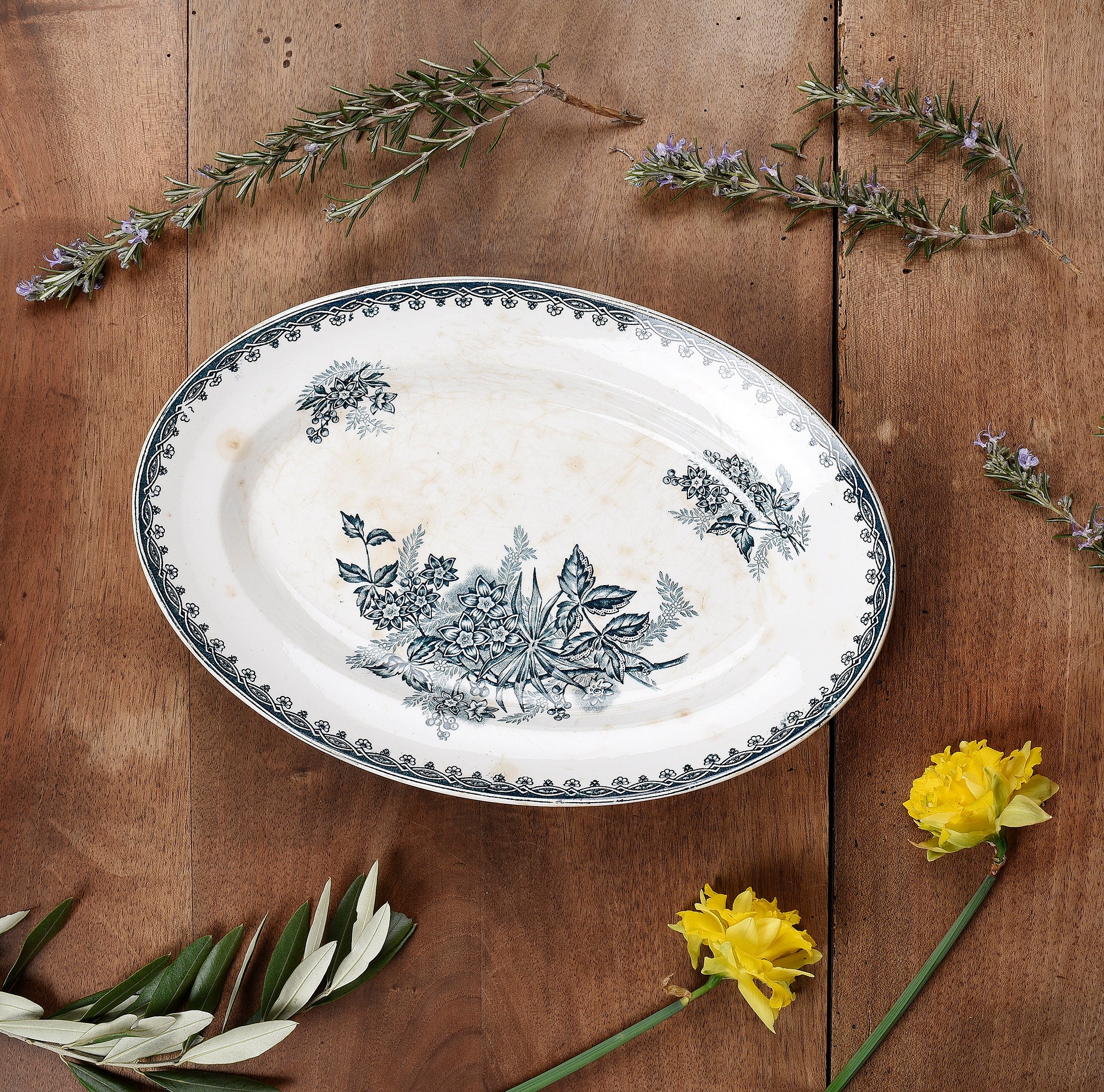 Superb Antique French Ironstone Plate St Amand Blue Transferware