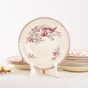 Vintage Red Transferware Soup Plate - Sarreguemines Favori - French Antique Ironstone Dinnerware -Terre de Fer- Shabby Chic Country Cottage