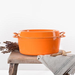 Cousances, Le Creuset dutch oven- French XL orange enameled cast iron pot- vintage cocotte 1970s- rustic French cookware- Le Creuset Flame.