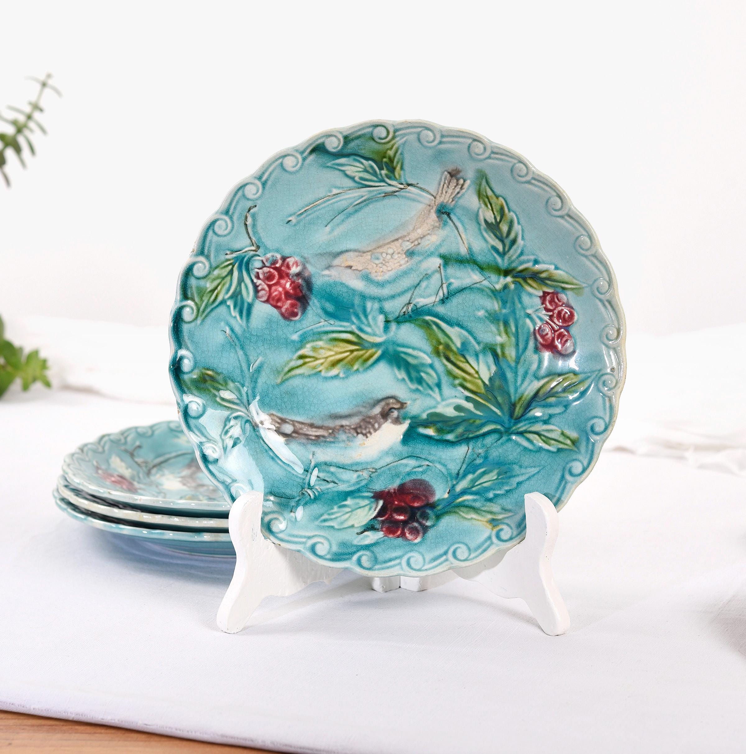 Rare Find Antique French Majolica Plate With Bird and Flower Decor
