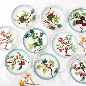 Französischer Majolica Teller - Hervorragendes Set antiker Teller - Obstdekor - Kirschen Pflaumen Pfirsiche - Dekorativer Wandteller - Einzeln Verkauft