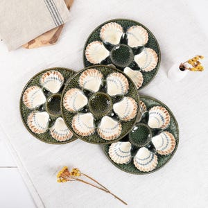 Antique Longchamp Oysters Plate- Majolica Oyster Plate- Dark Green and White Oyster Plate- Vintage Seafood Plate- French Oyster Dish