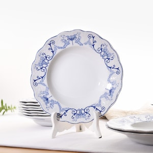 Antique French Soup Plate – Sarreguemines Corbeille, Blue White Transferware, Ironstone Bowl, Farmhouse Decor, 9.25 inch