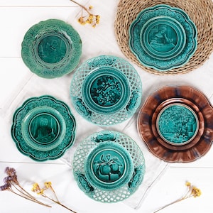 Gorgeous Majolica Plate. French Antique Turquoise Plate. Green Majolica. Decorative Faience Plate. Barbotine Majolica. Rubelles Enamel Plate