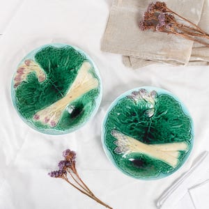 Antique French Asparagus Plate - Majolica Green Turquoise Barbotine - Majolica Cabbage Plate - 19th Century Faience - Rustic Farmhouse Decor