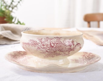 Salsera francesa antigua del siglo XIX. Plato para Salsa Fontenoy Diseño de Jules Vieillard Bordeaux. Transferware Rojo, Piedra de Hierro, Terre de Fer