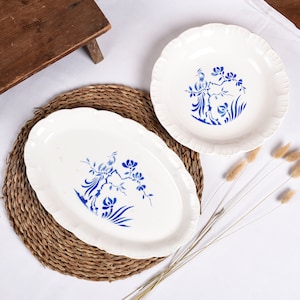 Digoin plate. Set of 2 Antique French plates, Digoin Sarreguemines . Vintage blue and white table ware, bird decoration, blue transferware.