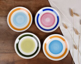 Old French earthenware plates, GIEN. Collection of 4 beautiful small flat or dessert plates, very colorful. Vintage style.