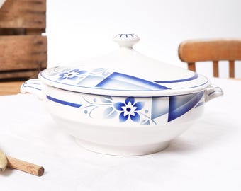 Antique Digoin Soup Tureen | French Blue Ironstone | Vintage French Tableware | Rare Collectible | Small Covered Soup Dish