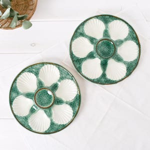 SET OF 2 - Vintage French Green Oyster Plates - Ceramic Plates- Country Kitchen Decor - Coastal Tableware - Wall or Display Decor
